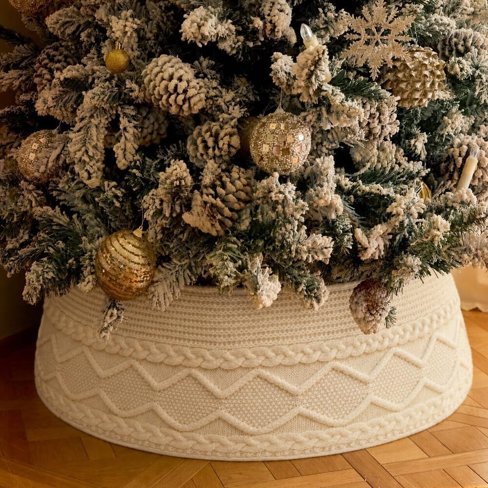 Knit Christmas Tree Collar, Christmas Tree Skirt, Cream, 23-30 in